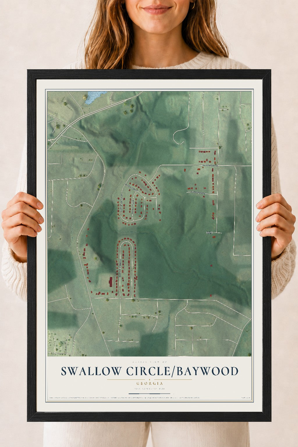 Swallow Circle-Baywood, Georgia map print, 18" x 24" W/ Black Ayous Wood Frame mockup