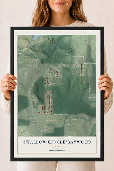 Swallow Circle-Baywood, Georgia map print, 18" x 24" W/ Black Ayous Wood Frame mockup