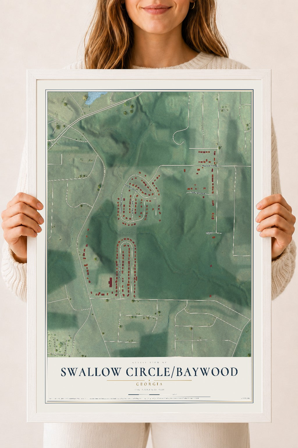 Swallow Circle-Baywood, Georgia map print, 18" x 24" W/ White Ayous Wood Frame mockup