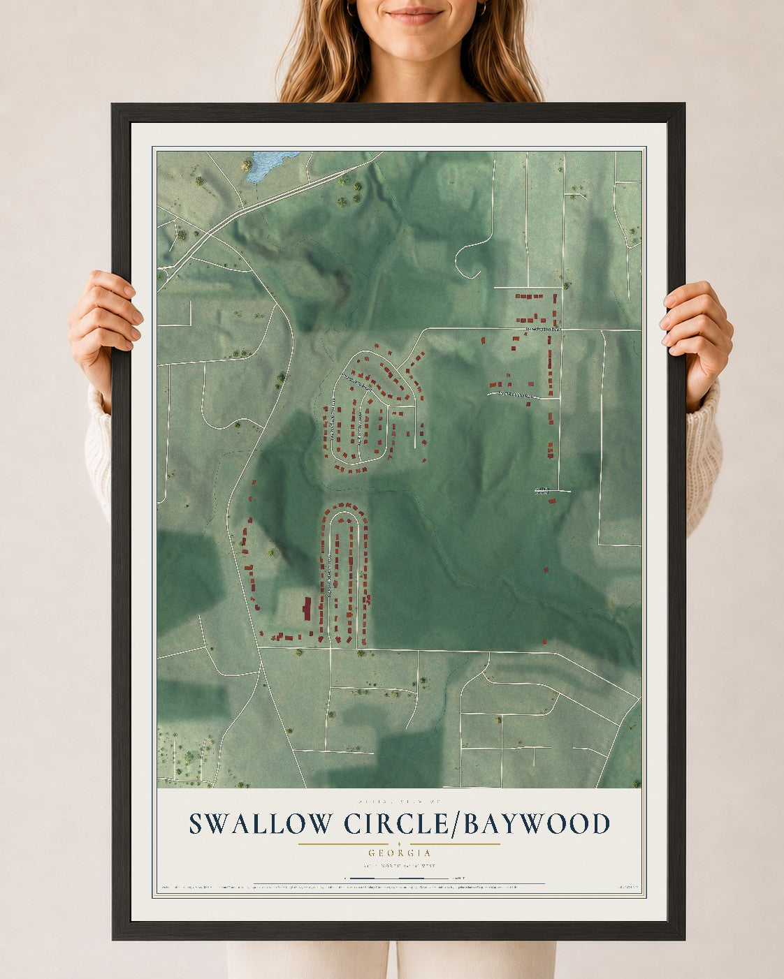 Swallow Circle-Baywood, Georgia map print, 24" x 36" W/ Black Ayous Wood Frame mockup
