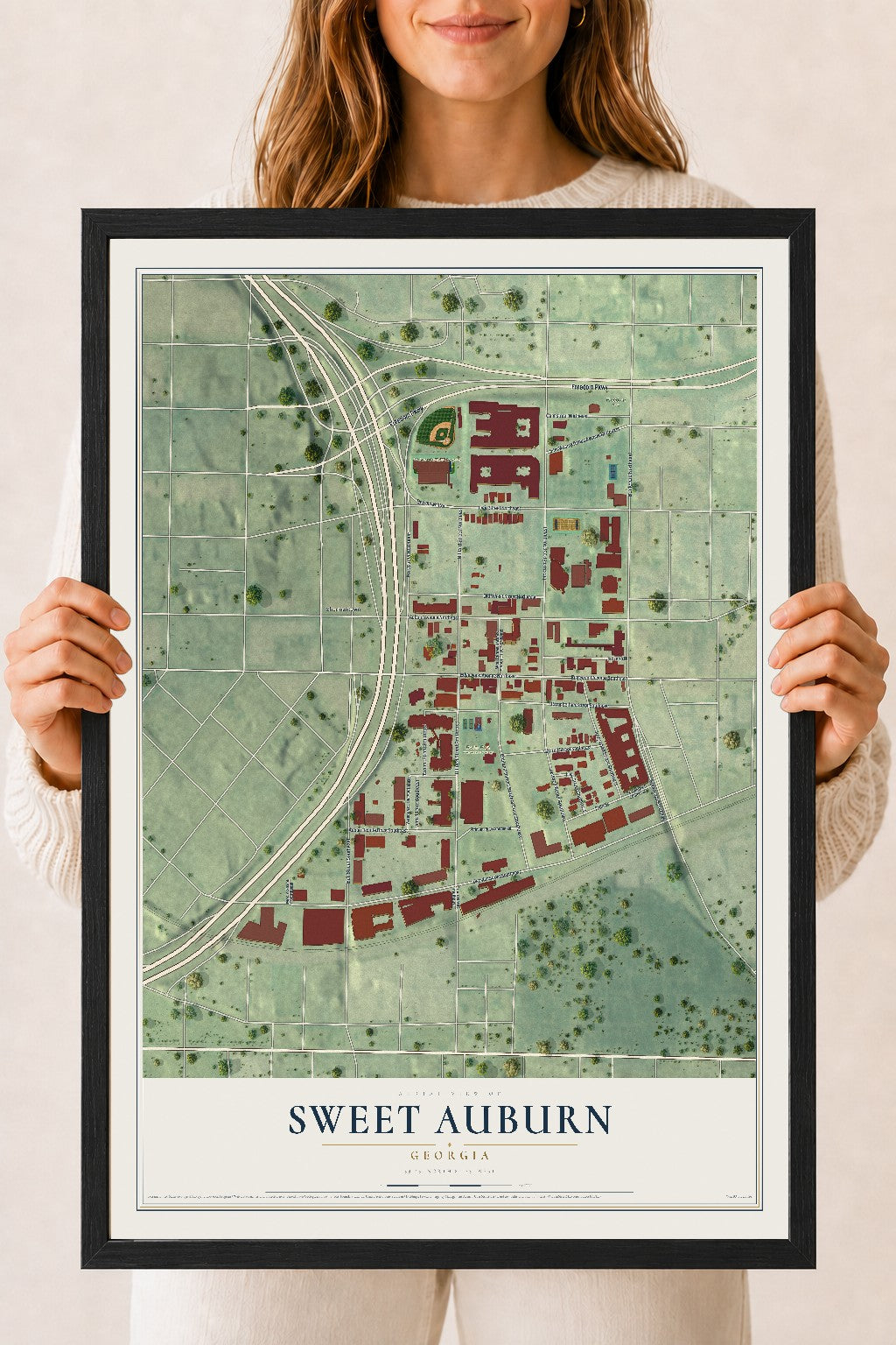 Sweet Auburn, Georgia map print, 18" x 24" W/ Black Ayous Wood Frame mockup