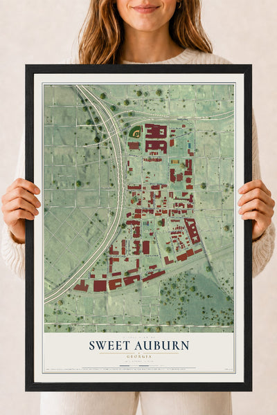 Sweet Auburn, Georgia map print, 18" x 24" W/ Black Ayous Wood Frame mockup