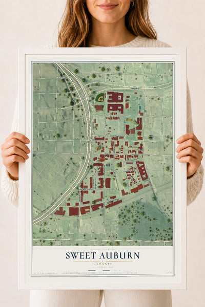 Sweet Auburn, Georgia map print, 18" x 24" W/ White Ayous Wood Frame mockup