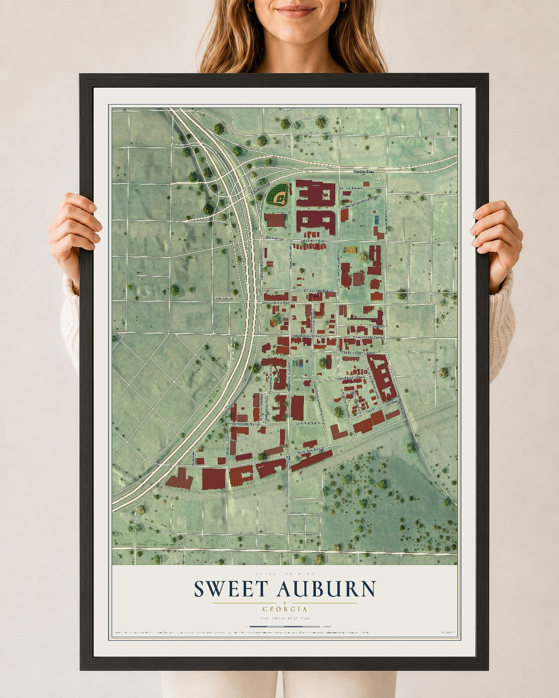 Sweet Auburn, Georgia map print, 24" x 36" W/ Black Ayous Wood Frame mockup