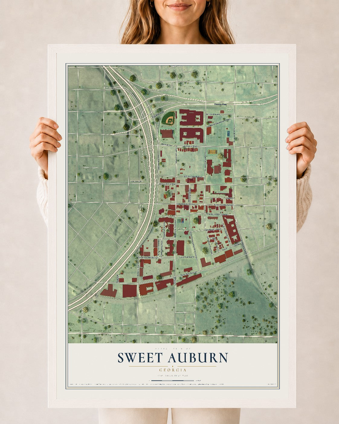 Sweet Auburn, Georgia map print, 24" x 36" W/ White Ayous Wood Frame mockup