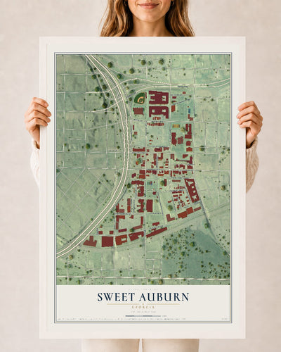 Sweet Auburn, Georgia map print, 24" x 36" W/ White Ayous Wood Frame mockup