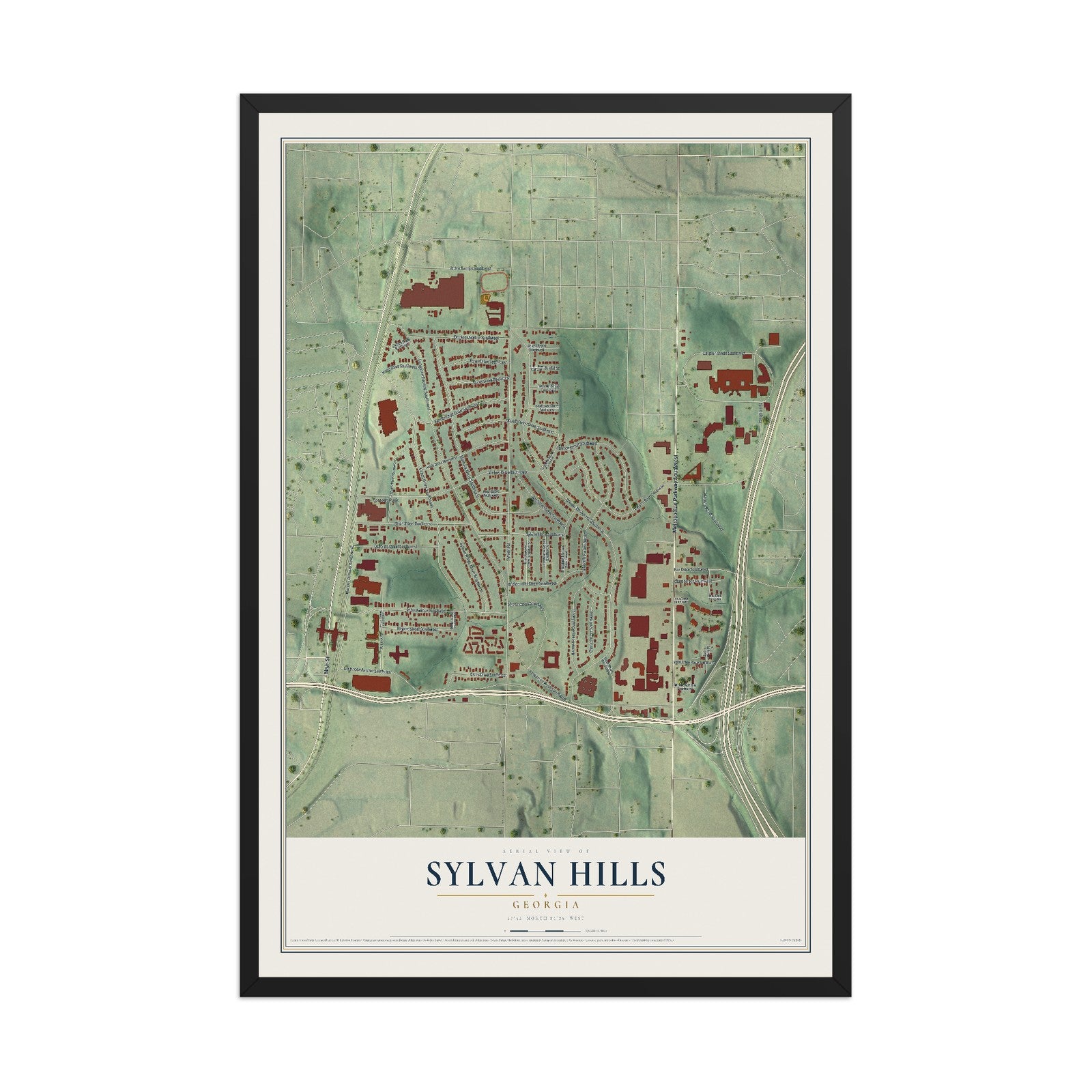 Sylvan Hills, Georgia map print, 12" x 18" W/ Black Ayous Wood Frame mockup