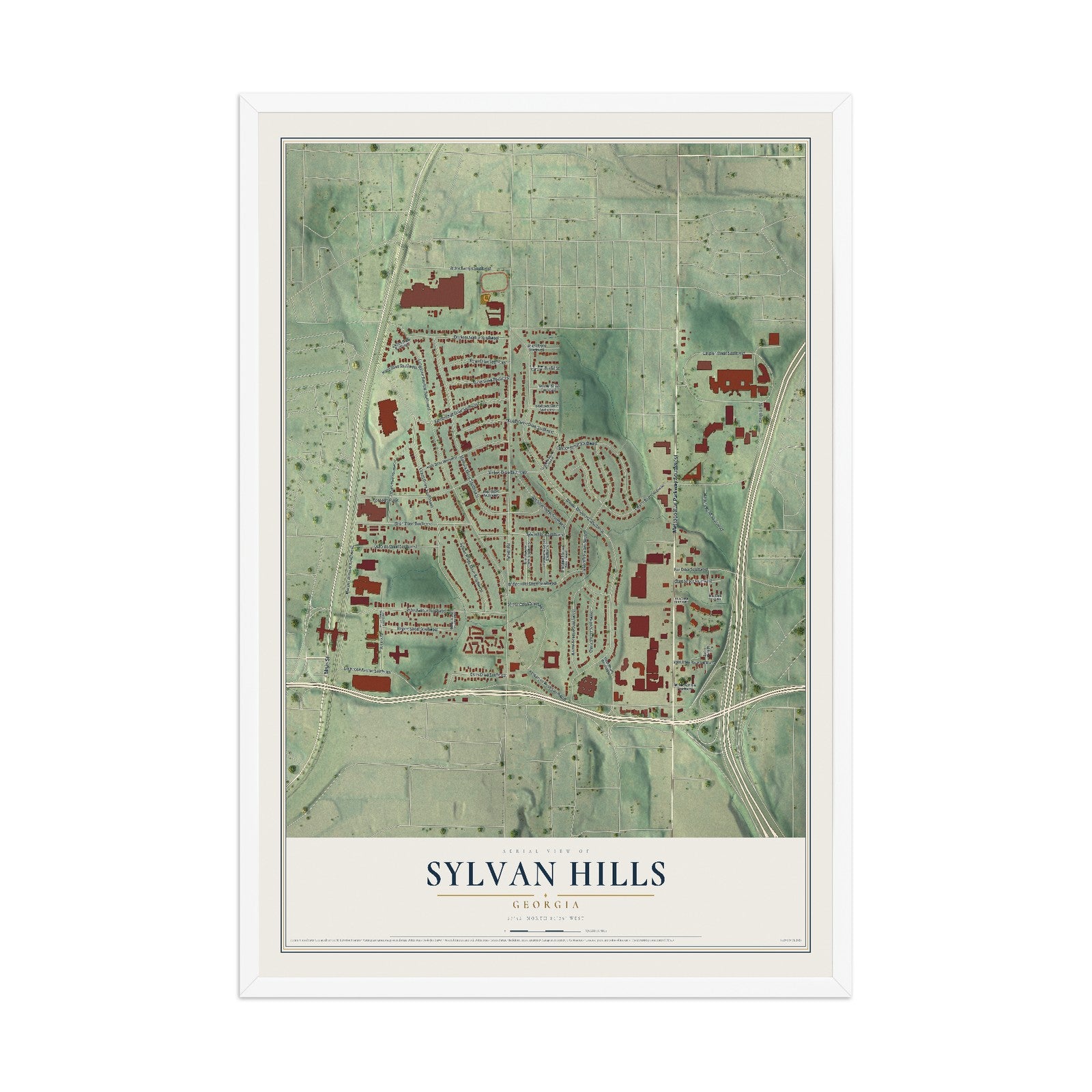 Sylvan Hills, Georgia map print, 12" x 18" W/ White Ayous Wood Frame mockup