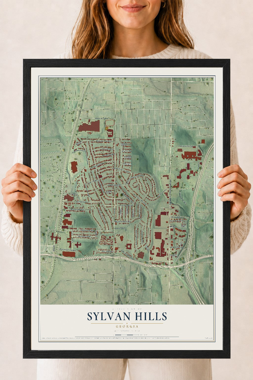 Sylvan Hills, Georgia map print, 18" x 24" W/ Black Ayous Wood Frame mockup