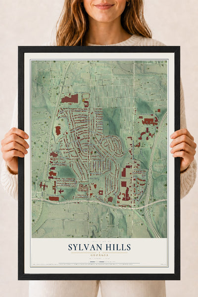 Sylvan Hills, Georgia map print, 18" x 24" W/ Black Ayous Wood Frame mockup