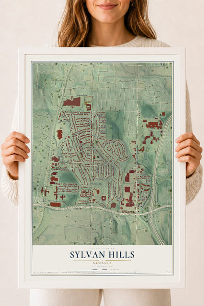 Sylvan Hills, Georgia map print, 18" x 24" W/ White Ayous Wood Frame mockup