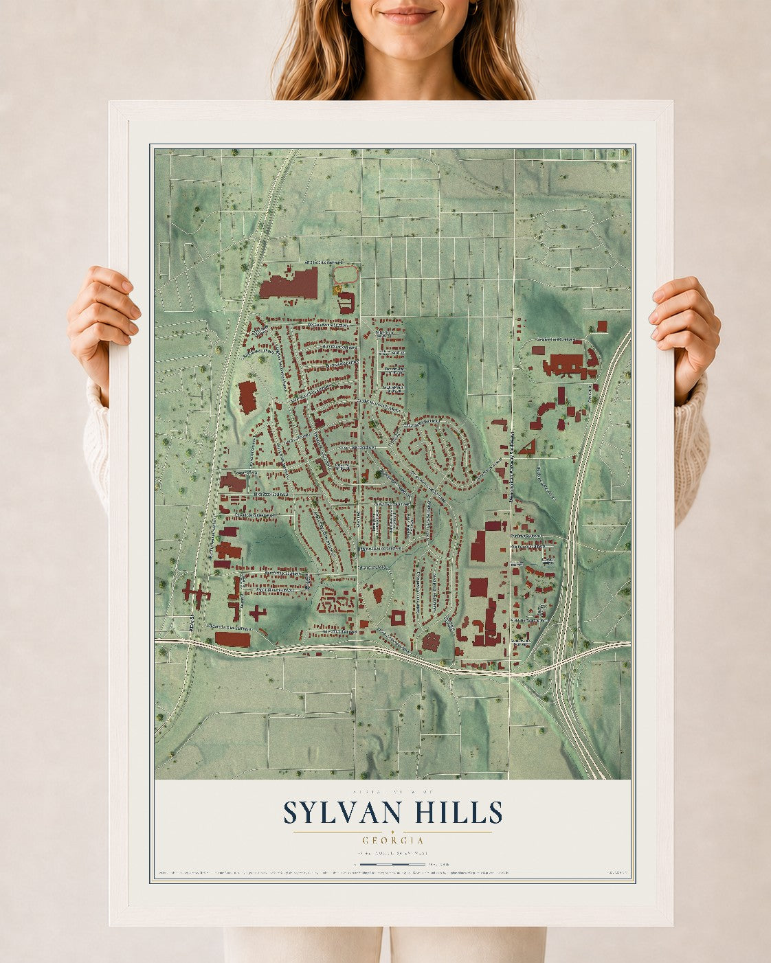 Sylvan Hills, Georgia map print, 24" x 36" W/ White Ayous Wood Frame mockup