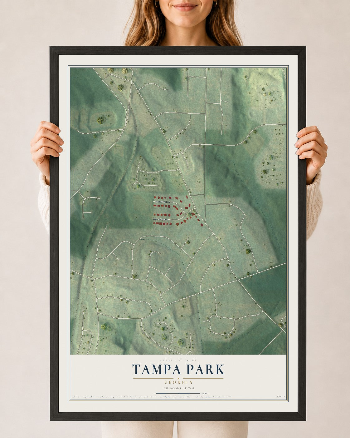 Tampa Park, Georgia map print, 24" x 36" W/ Black Ayous Wood Frame mockup