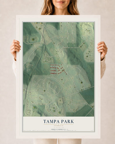 Tampa Park, Georgia map print, 24" x 36" W/ White Ayous Wood Frame mockup