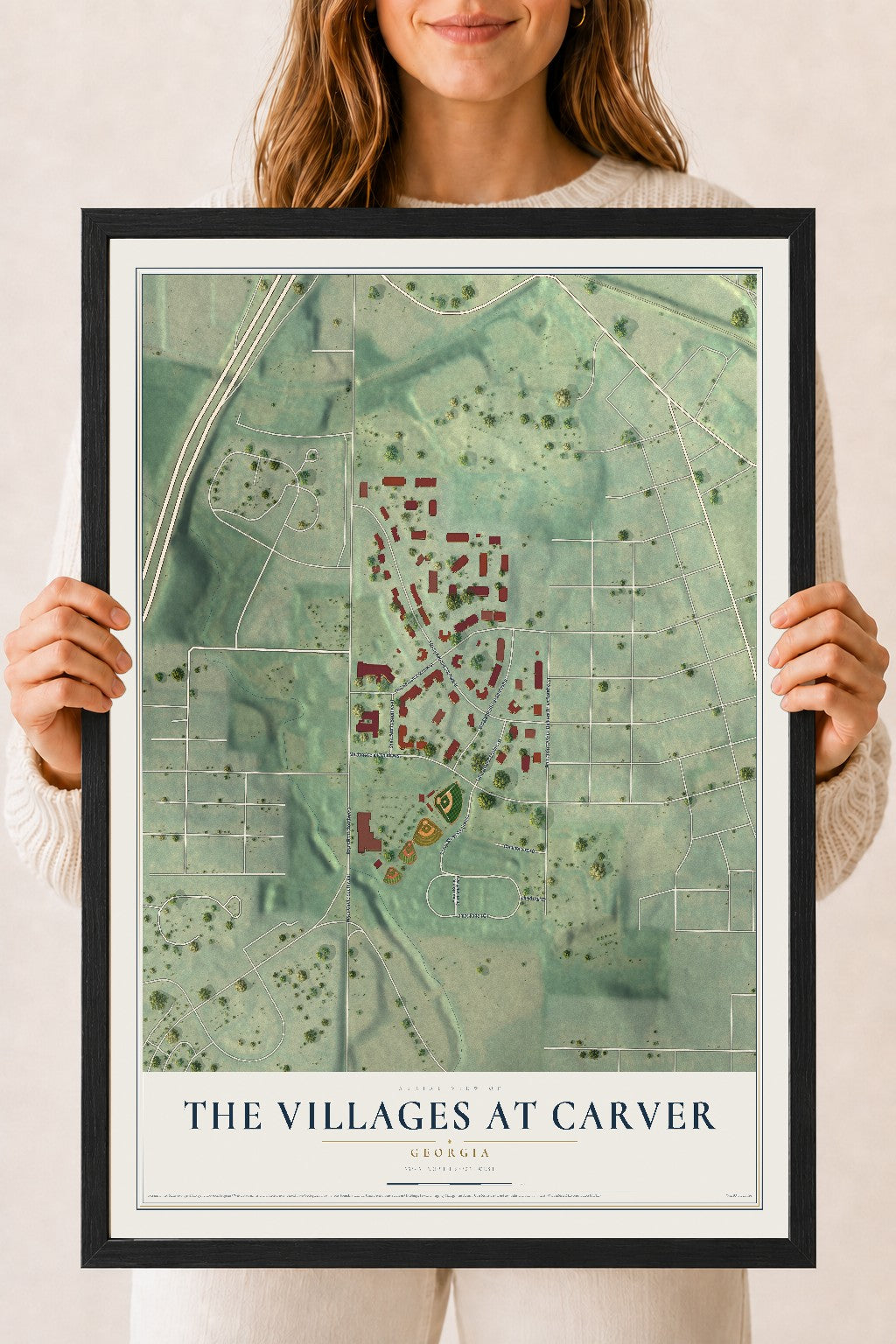 The Villages at Carver, Georgia map print, 18" x 24" W/ Black Ayous Wood Frame mockup