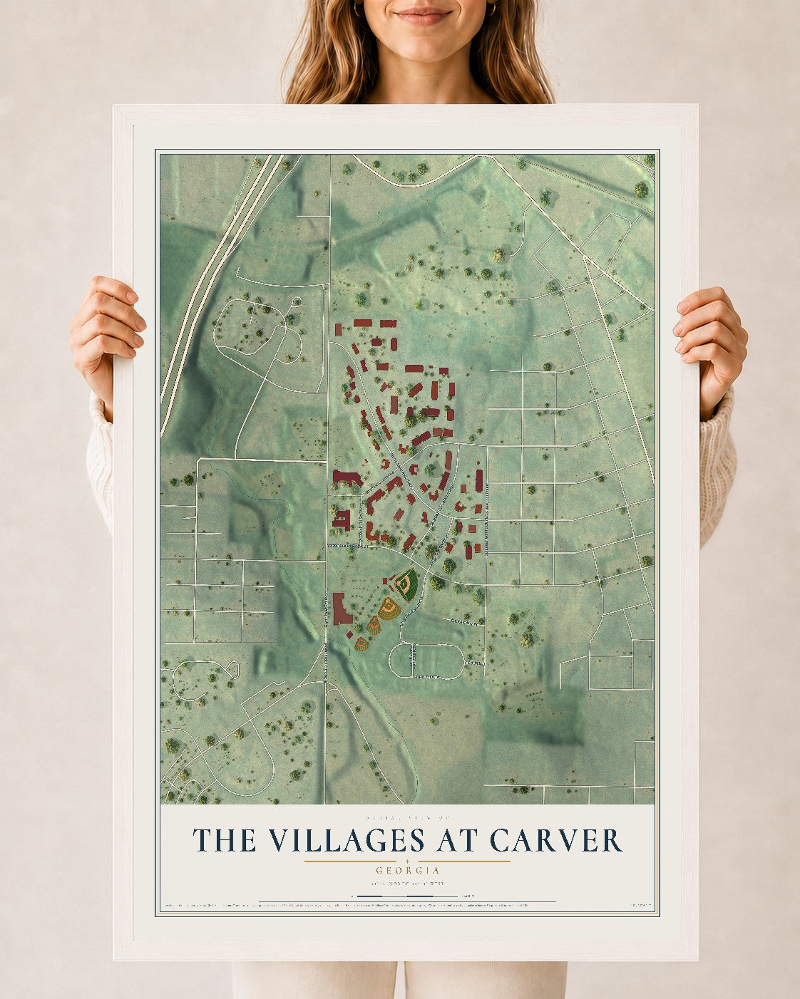 The Villages at Carver, Georgia map print, 24" x 36" W/ White Ayous Wood Frame mockup