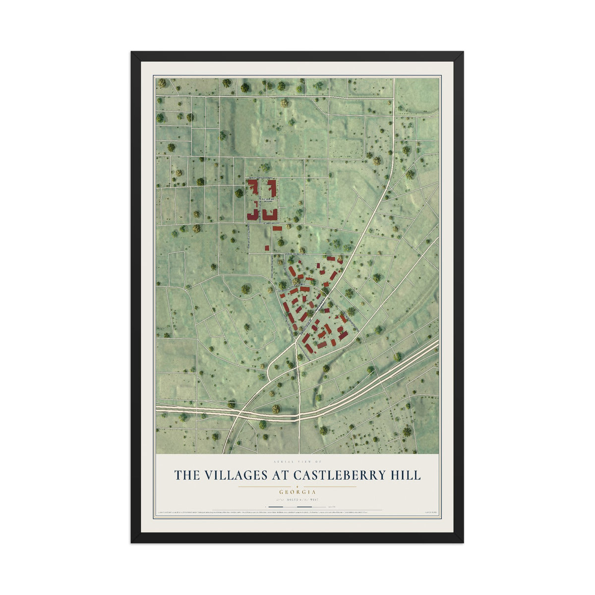 The Villages at Castleberry Hill, Georgia map print, 12" x 18" W/ Black Ayous Wood Frame mockup