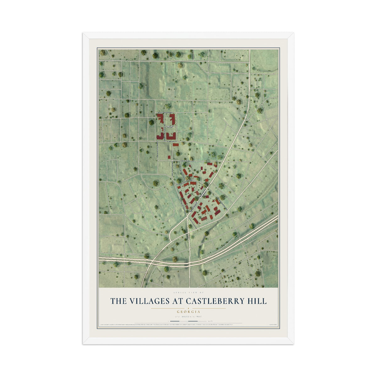 The Villages at Castleberry Hill, Georgia map print, 12" x 18" W/ White Ayous Wood Frame mockup