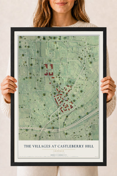 The Villages at Castleberry Hill, Georgia map print, 18" x 24" W/ Black Ayous Wood Frame mockup
