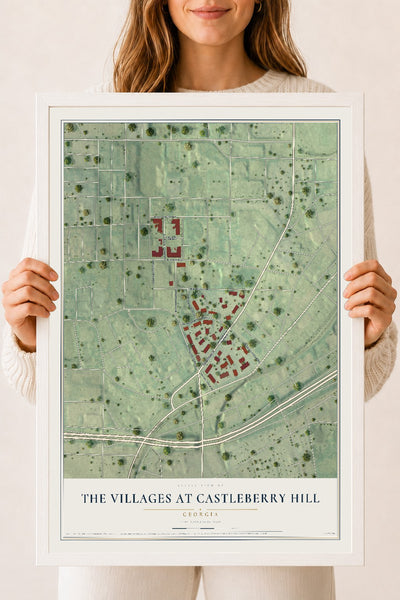 The Villages at Castleberry Hill, Georgia map print, 18" x 24" W/ White Ayous Wood Frame mockup