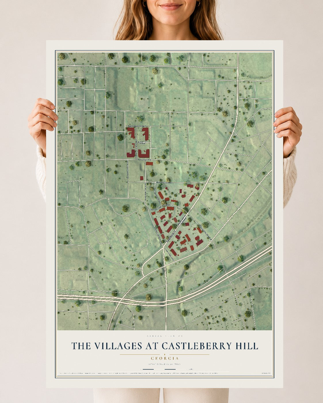 The Villages at Castleberry Hill, Georgia map print, 24" x 36" Archival Matte Print mockup