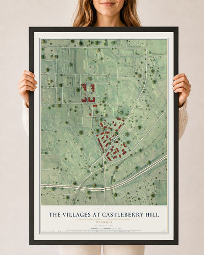 The Villages at Castleberry Hill, Georgia map print, 24" x 36" W/ Black Ayous Wood Frame mockup