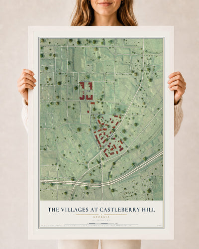 The Villages at Castleberry Hill, Georgia map print, 24" x 36" W/ White Ayous Wood Frame mockup