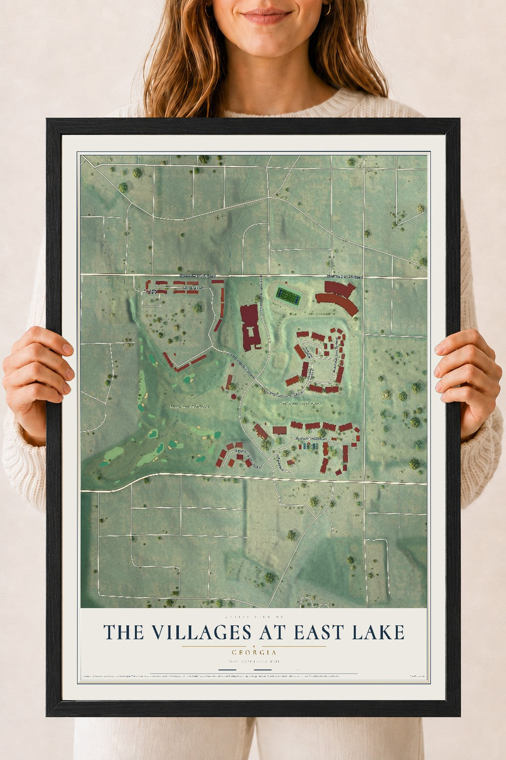 The Villages at East Lake, Georgia map print, 18" x 24" W/ Black Ayous Wood Frame mockup