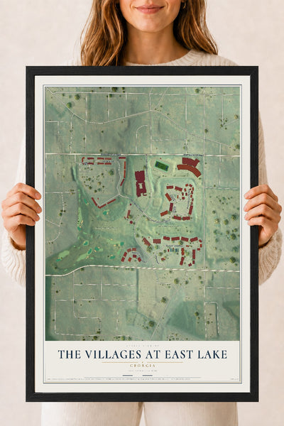 The Villages at East Lake, Georgia map print, 18" x 24" W/ Black Ayous Wood Frame mockup