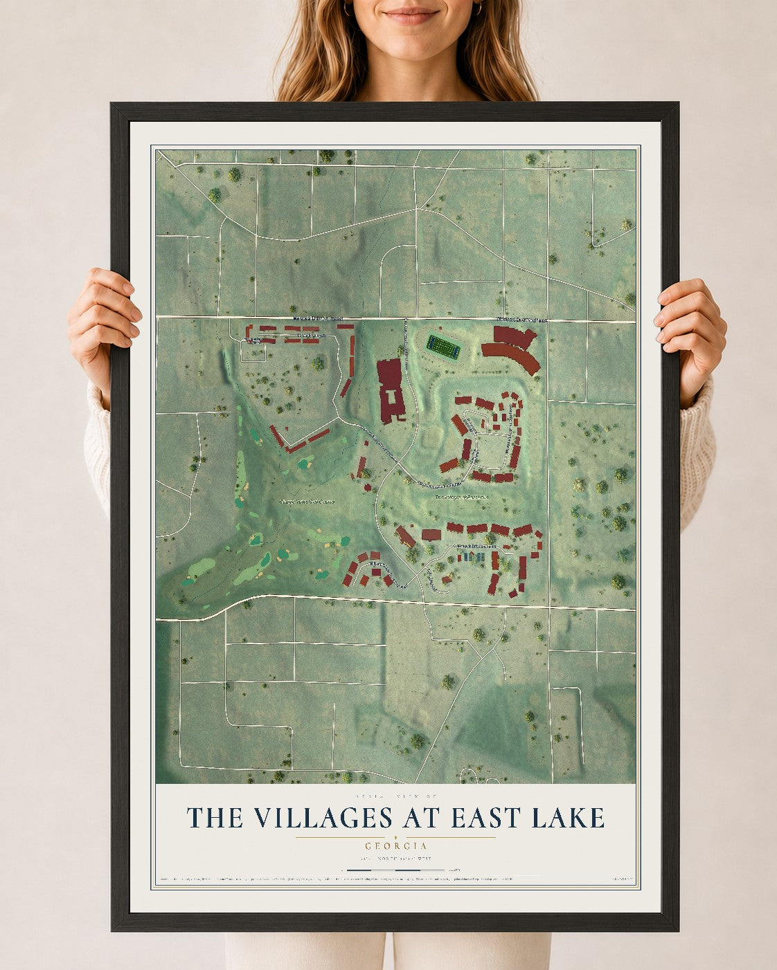 The Villages at East Lake, Georgia map print, 24" x 36" W/ Black Ayous Wood Frame mockup