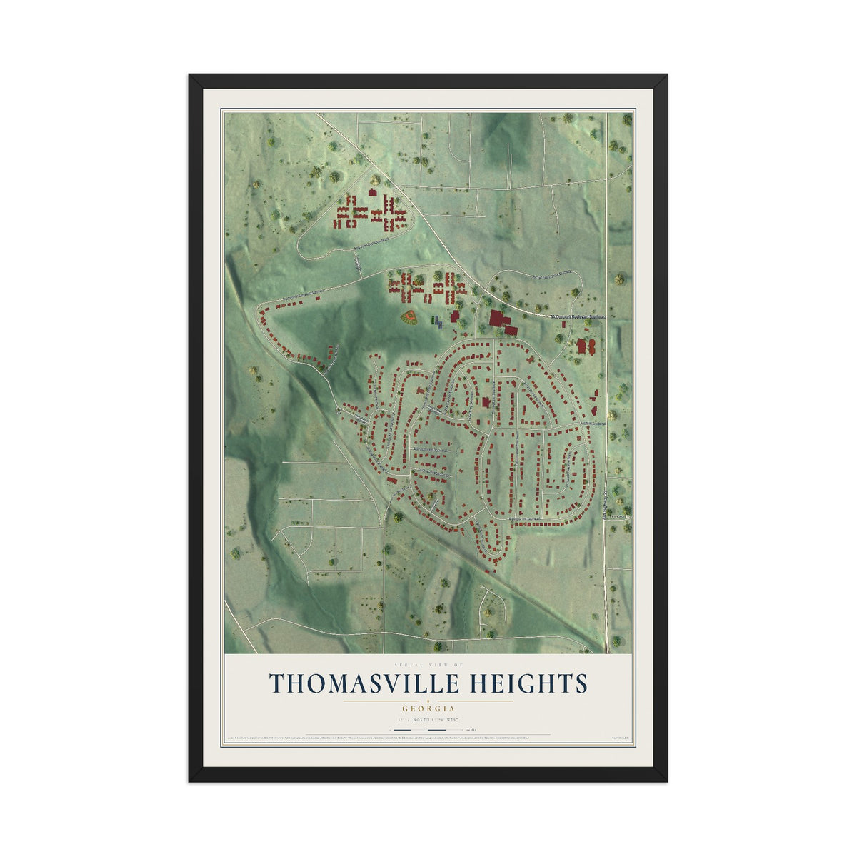 Thomasville Heights, Georgia map print, 12" x 18" W/ Black Ayous Wood Frame mockup