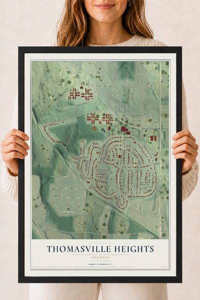 Thomasville Heights, Georgia map print, 18" x 24" W/ Black Ayous Wood Frame mockup