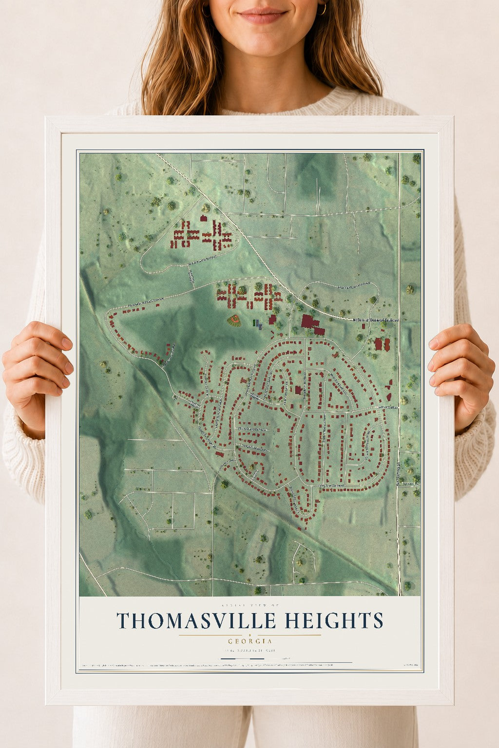 Thomasville Heights, Georgia map print, 18" x 24" W/ White Ayous Wood Frame mockup