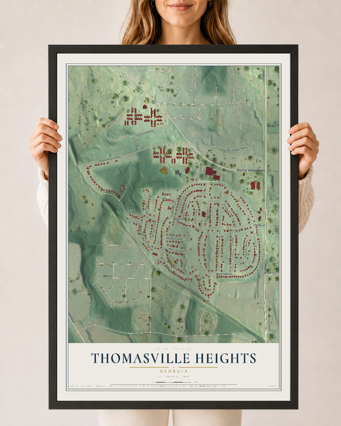 Thomasville Heights, Georgia map print, 24" x 36" W/ Black Ayous Wood Frame mockup