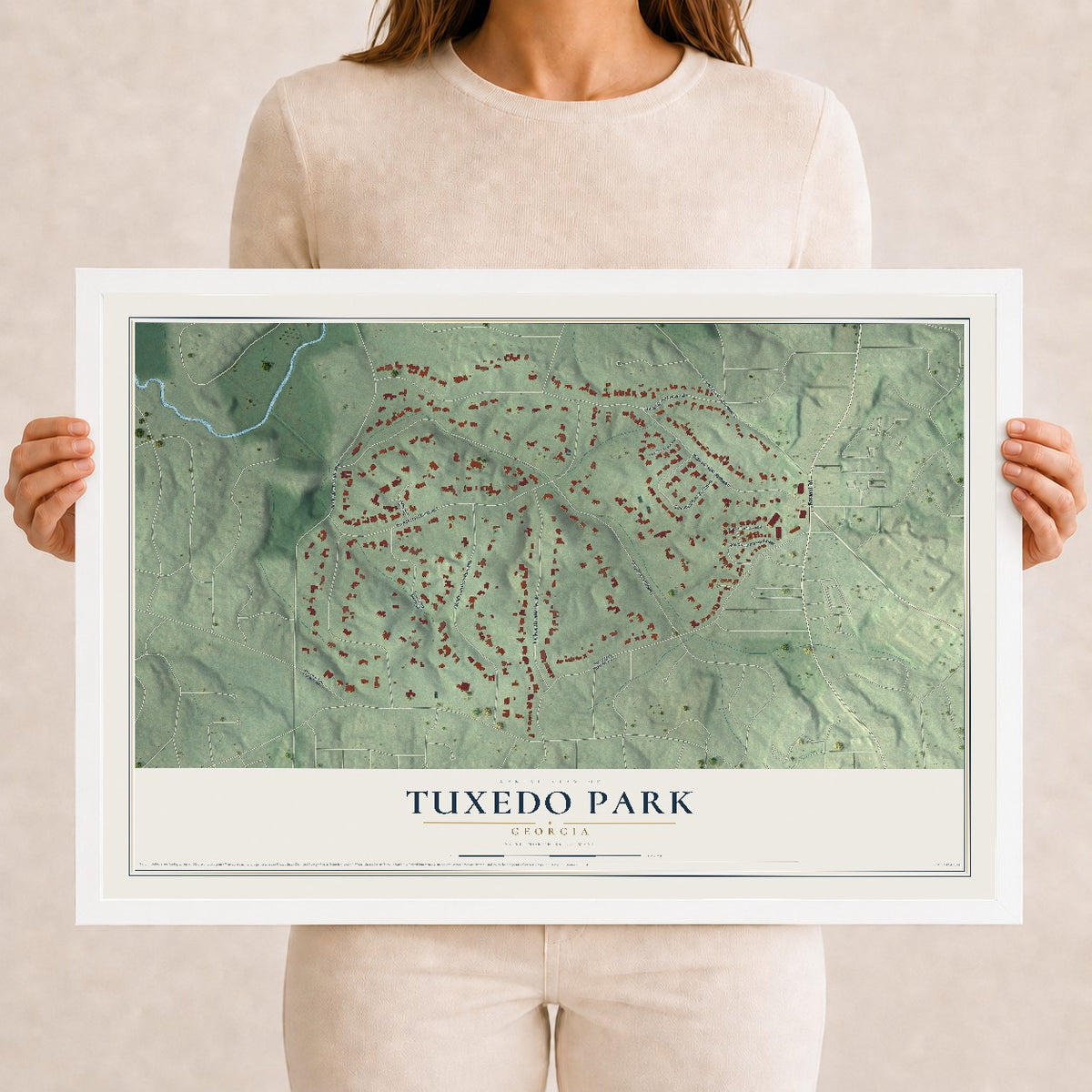 Tuxedo Park, Georgia map print, 12" x 18" W/ White Ayous Wood Frame mockup