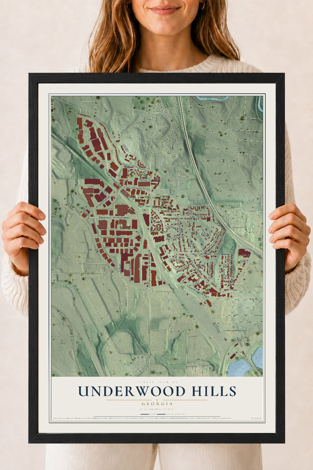Underwood Hills, Georgia map print, 18" x 24" W/ Black Ayous Wood Frame mockup