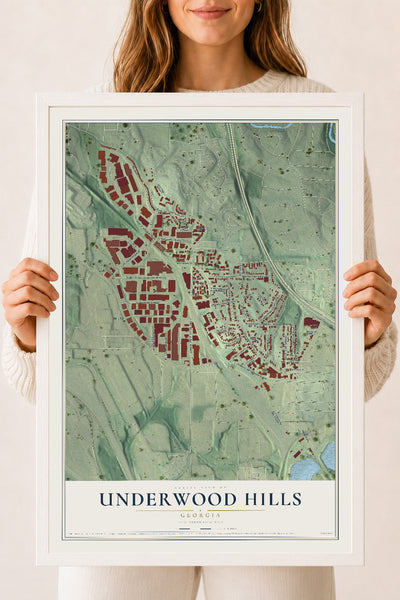 Underwood Hills, Georgia map print, 18" x 24" W/ White Ayous Wood Frame mockup