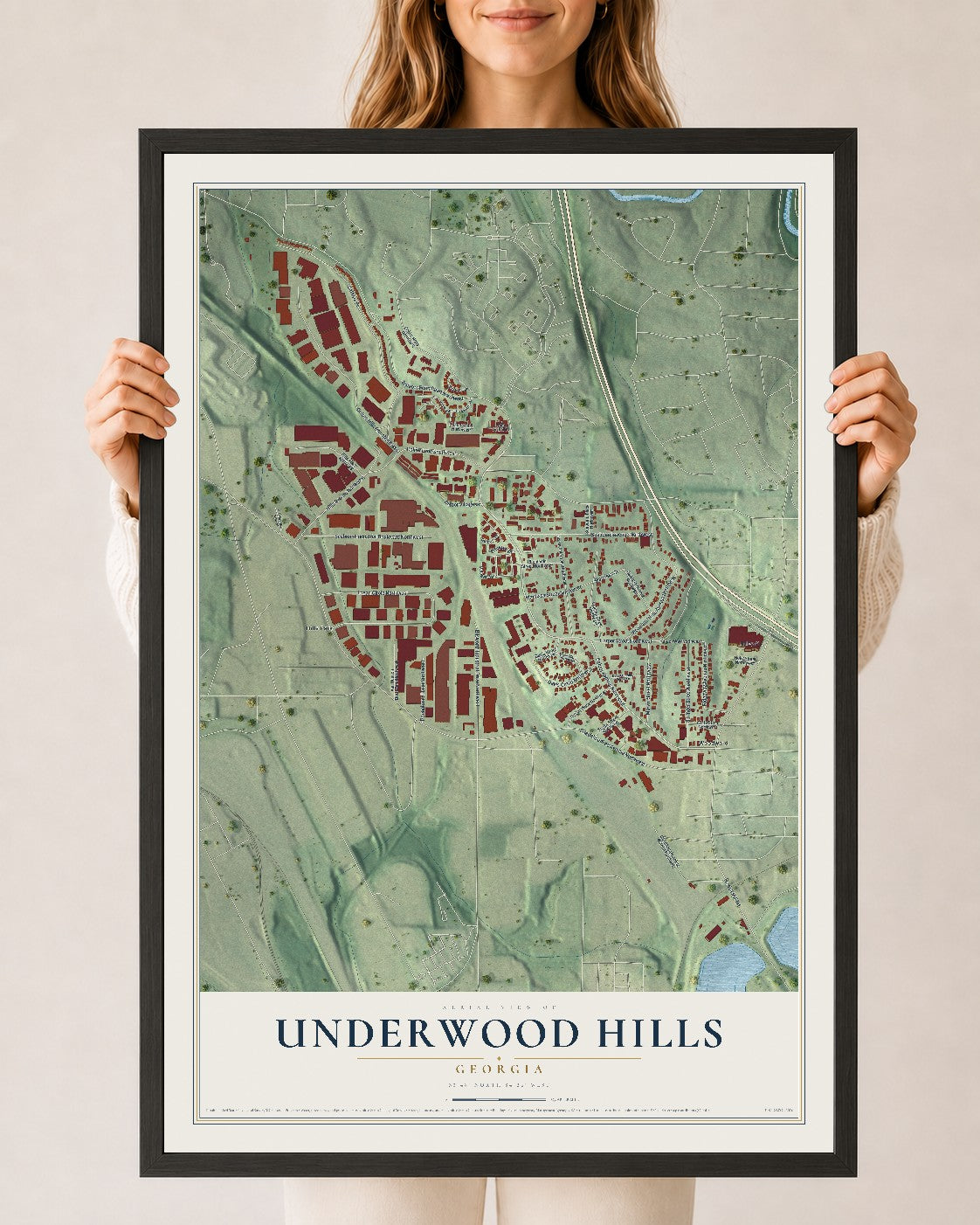 Underwood Hills, Georgia map print, 24" x 36" W/ Black Ayous Wood Frame mockup