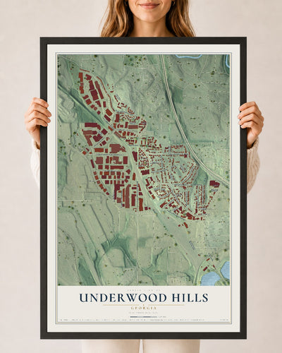 Underwood Hills, Georgia map print, 24" x 36" W/ Black Ayous Wood Frame mockup