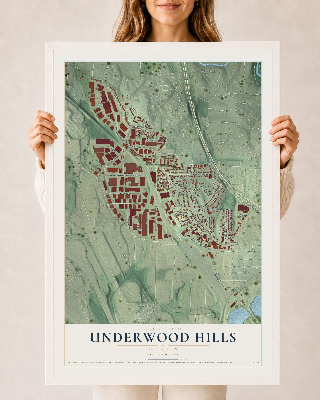 Underwood Hills, Georgia map print, 24" x 36" W/ White Ayous Wood Frame mockup