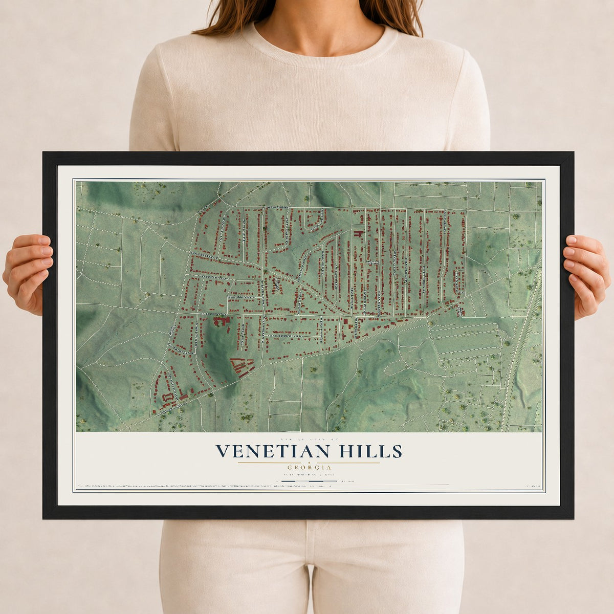 Venetian Hills, Georgia map print, 12" x 18" W/ Black Ayous Wood Frame mockup