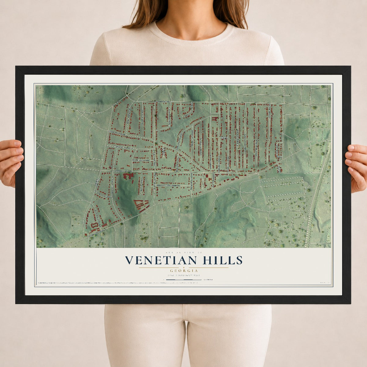Venetian Hills, Georgia map print, 18" x 24" W/ Black Ayous Wood Frame mockup