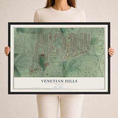 Venetian Hills, Georgia map print, 24" x 36" W/ Black Ayous Wood Frame mockup