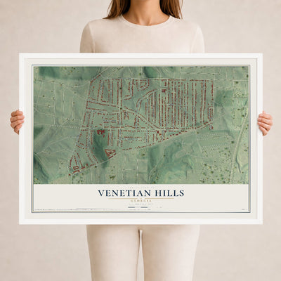 Venetian Hills, Georgia map print, 24" x 36" W/ White Ayous Wood Frame mockup