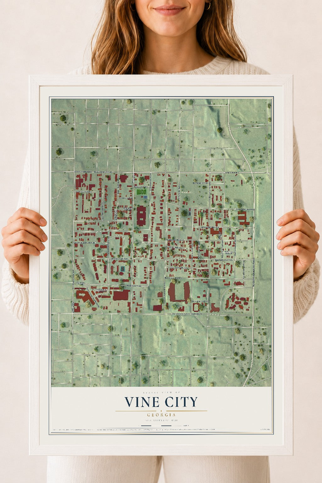 Vine City, Georgia map print, 18" x 24" W/ White Ayous Wood Frame mockup