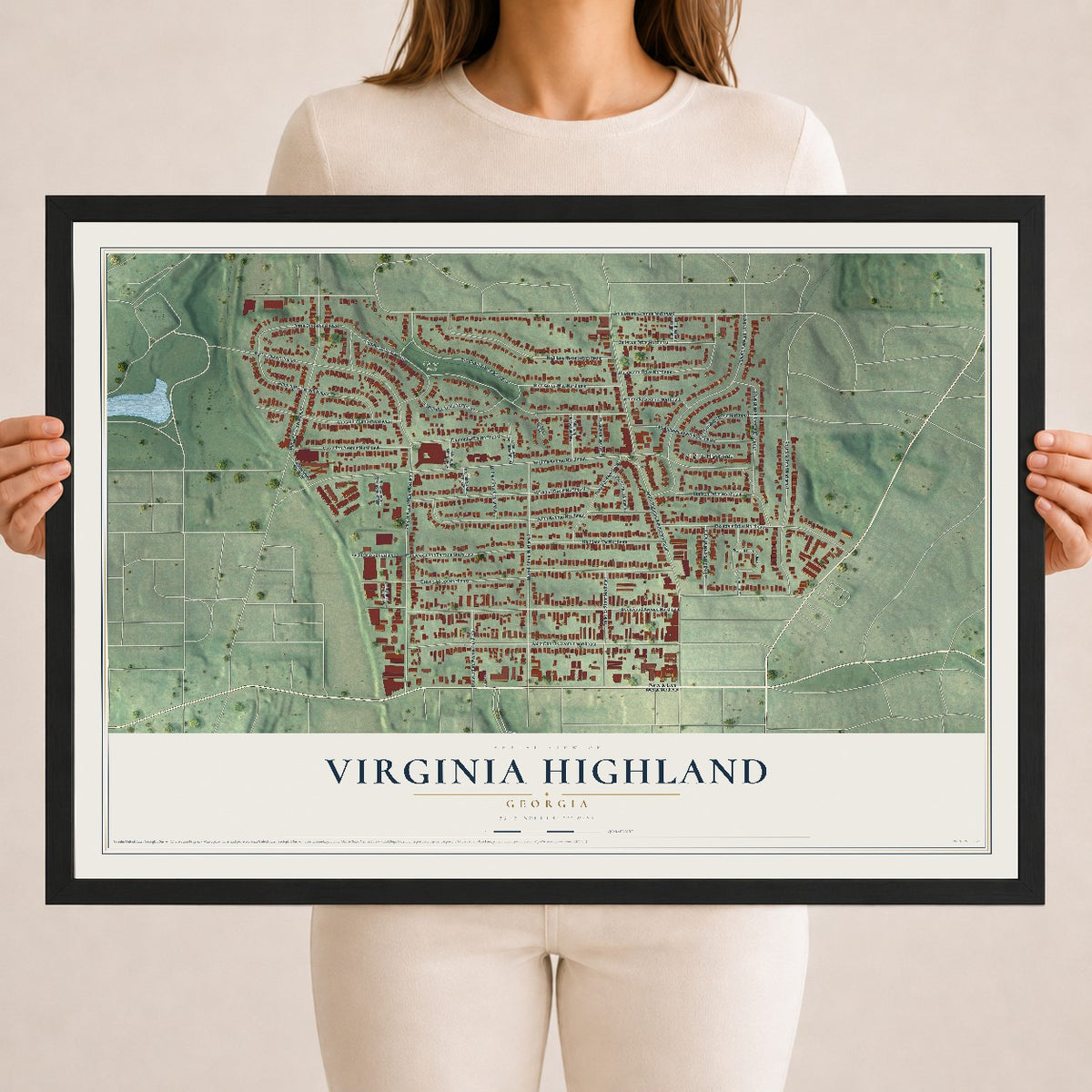 Virginia Highland, Georgia map print, 18" x 24" W/ Black Ayous Wood Frame mockup