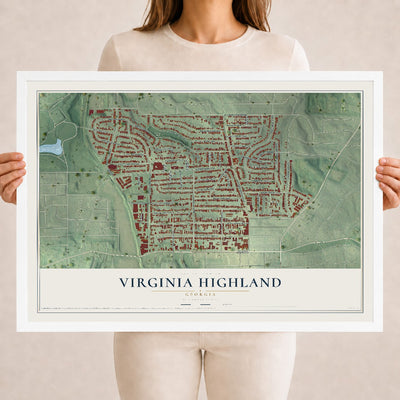 Virginia Highland, Georgia map print, 18" x 24" W/ White Ayous Wood Frame mockup