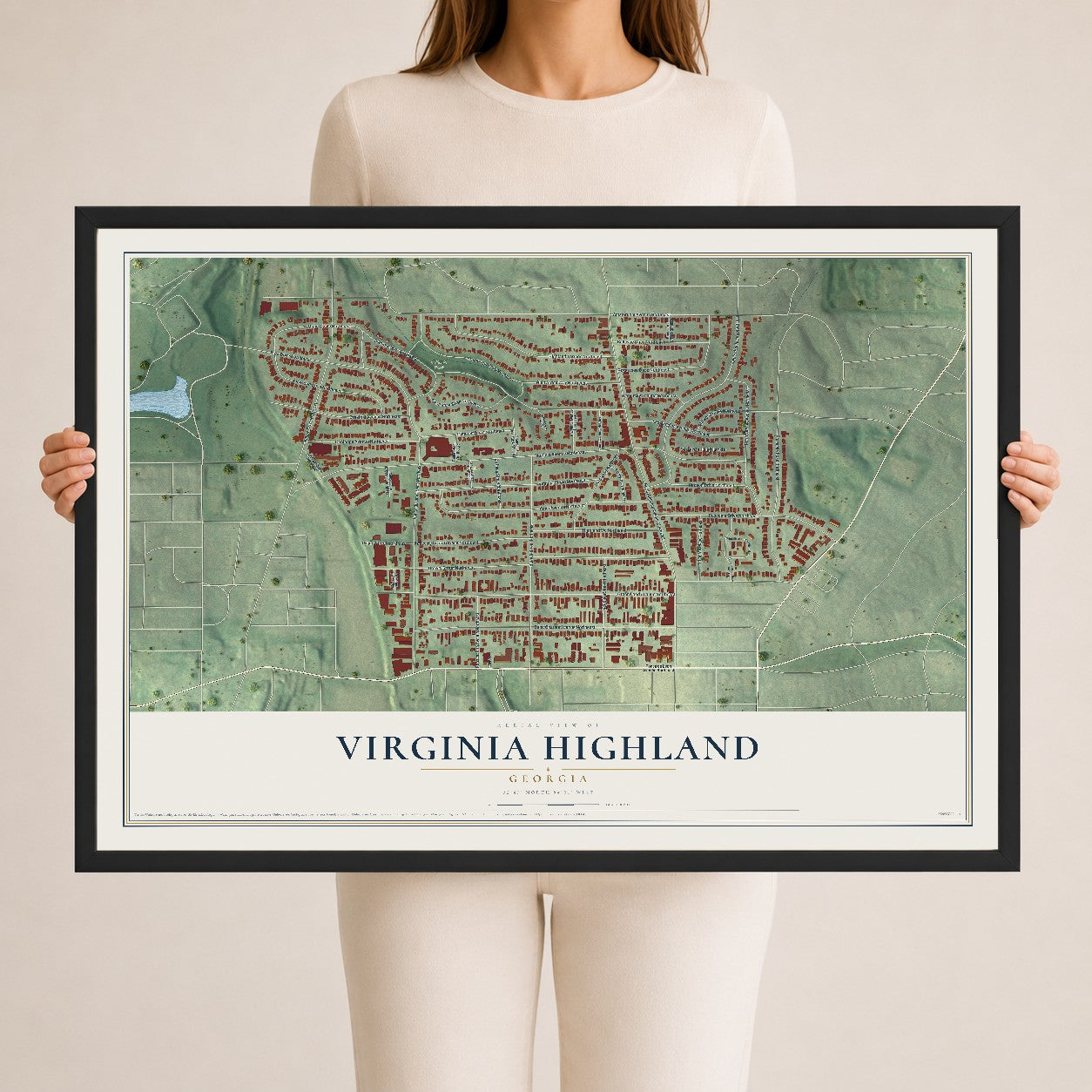 Virginia Highland, Georgia map print, 24" x 36" W/ Black Ayous Wood Frame mockup