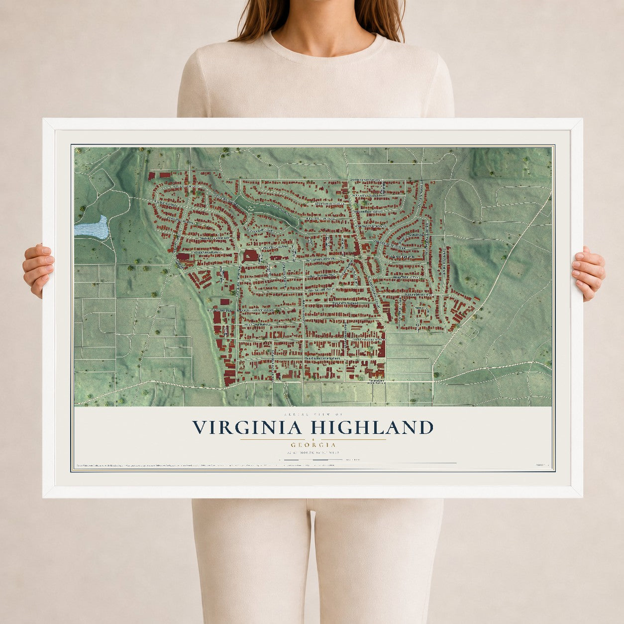 Virginia Highland, Georgia map print, 24" x 36" W/ White Ayous Wood Frame mockup