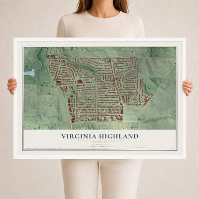 Virginia Highland, Georgia map print, 24" x 36" W/ White Ayous Wood Frame mockup